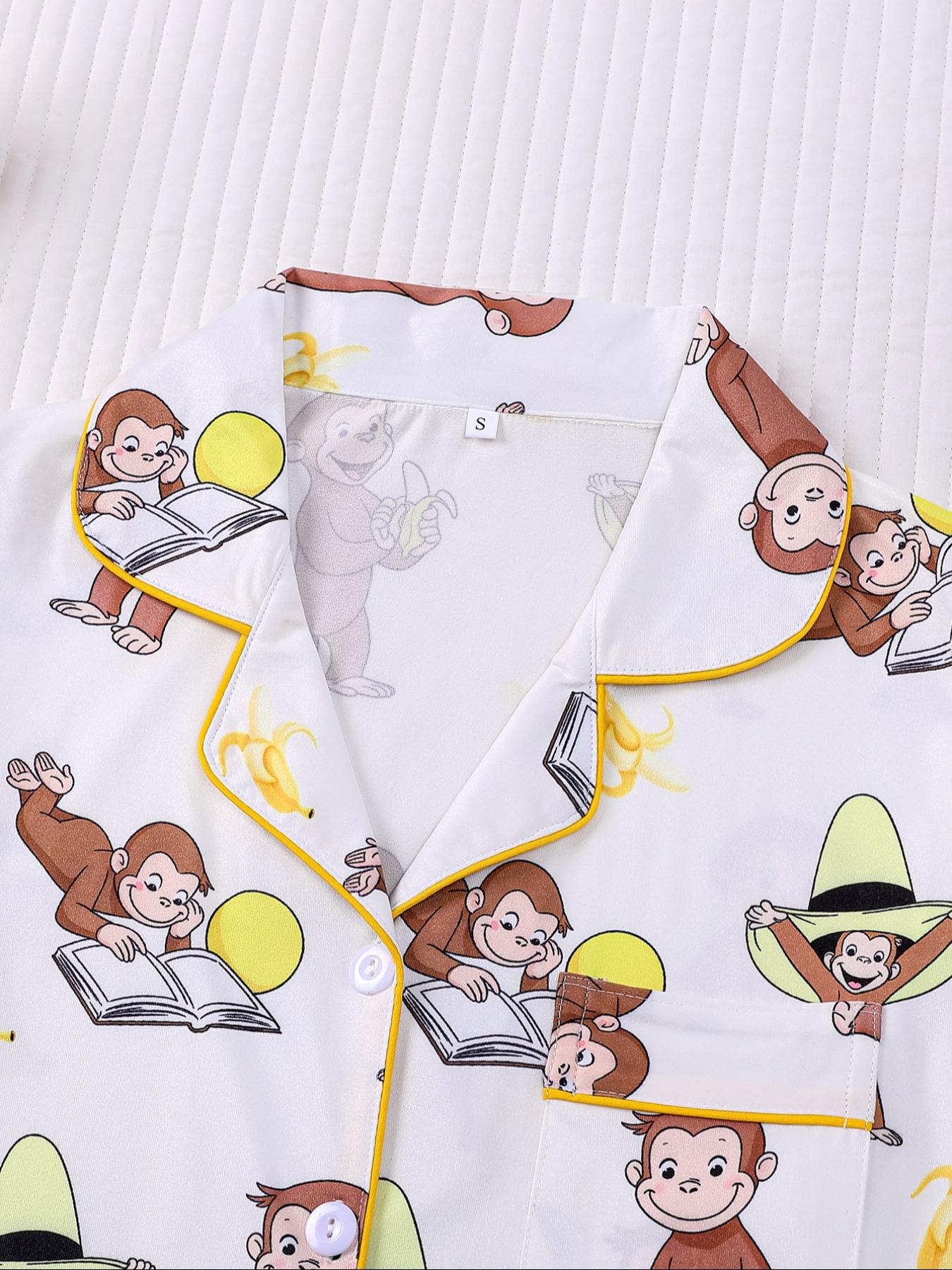 Women's Monkey Banana Print Pajama Set Pjs, Comfortable Long Sleeve Button Shirt & Elastic Pants, Casual Home Wear Loungewear for All Seasons