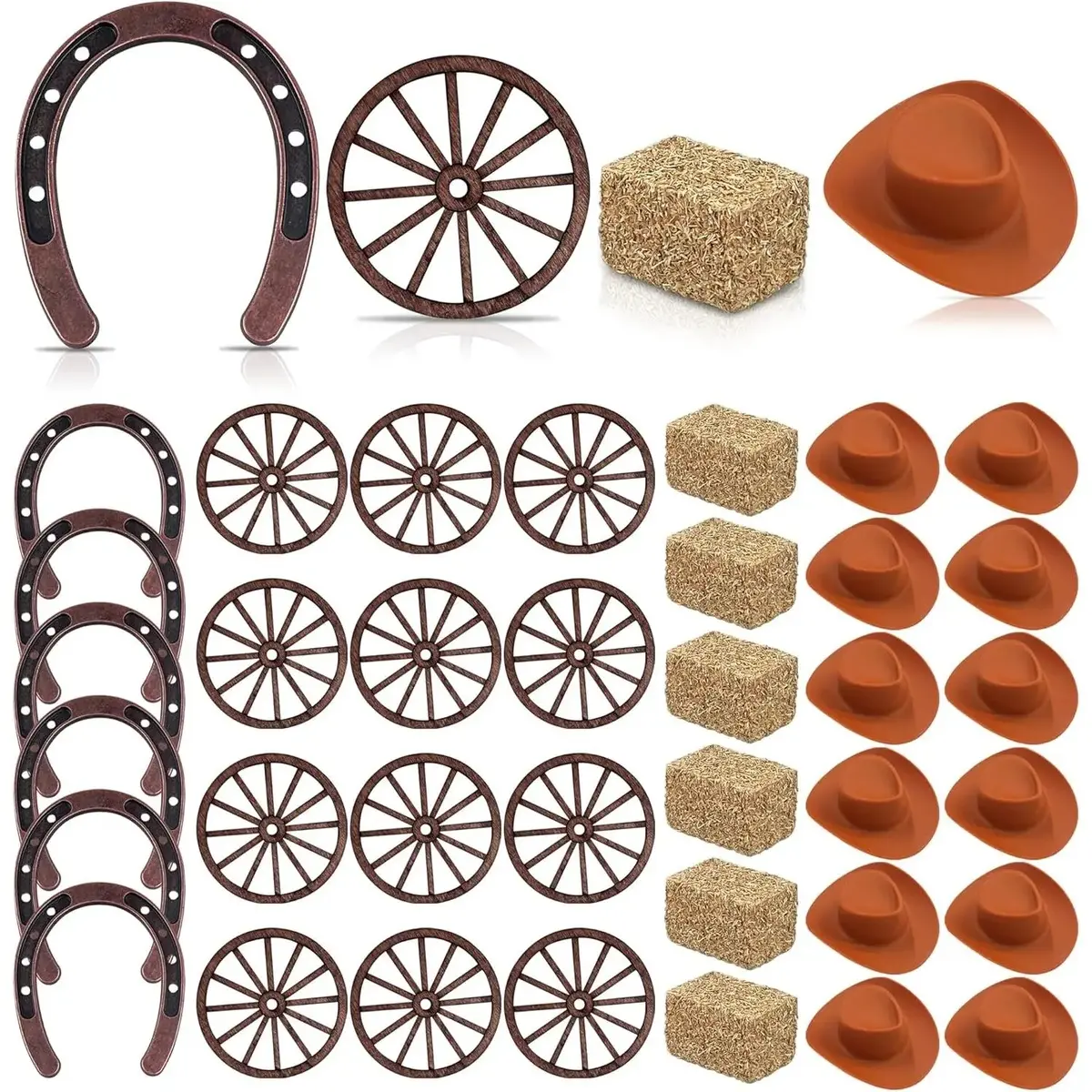 36-Piece Western Party Decorations Set - Bronze Mini Horseshoes, Brown Cowboy Hats, Wheels, Hay Bales for Crafts, Party Favors