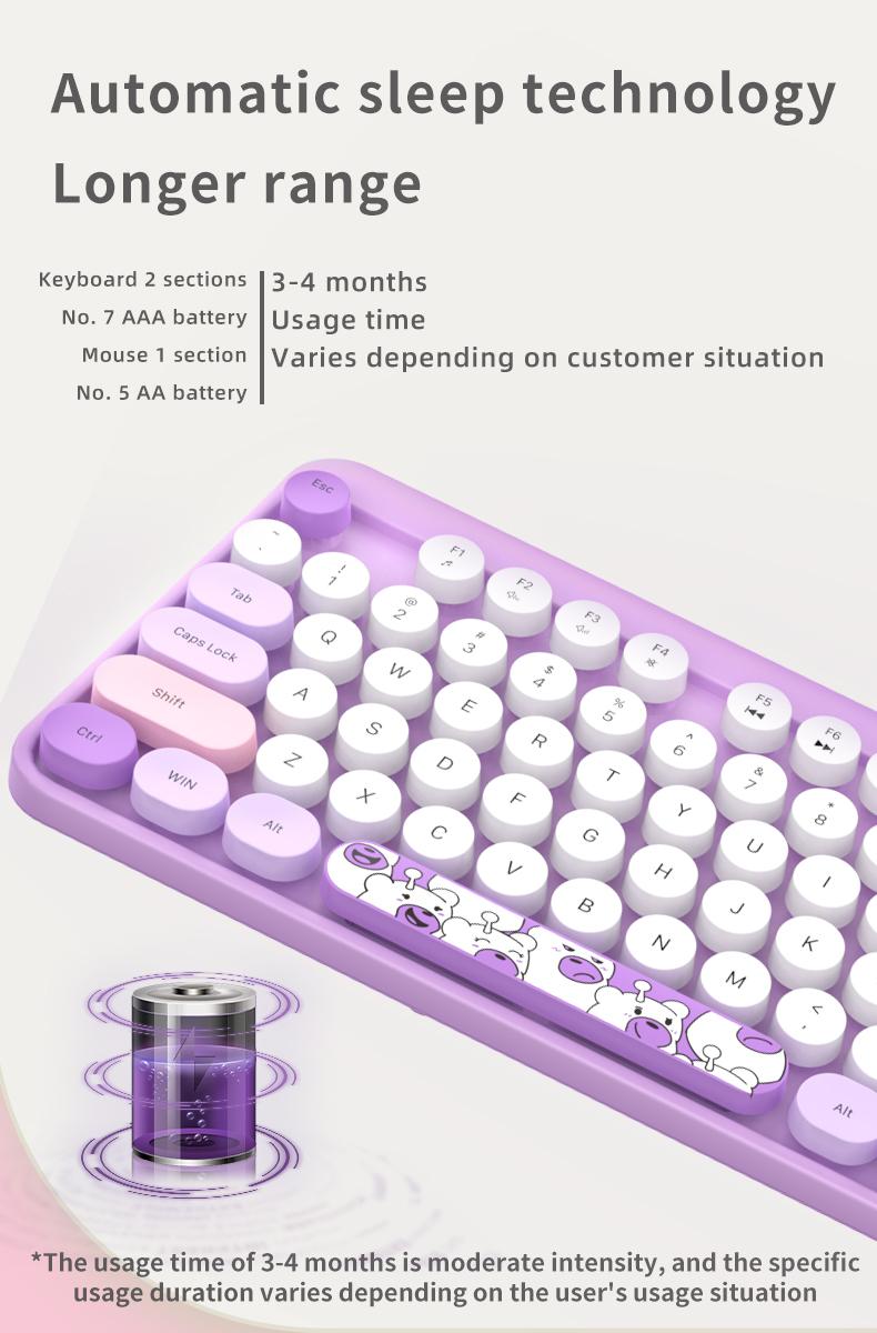 MOFii 1 Set Wireless Keyboard and Mouse Combo, Purple Cute Bear Round Keycaps, High-Appearance Office Keyboard Mouse for Girls, Universal for Laptop and Desktop, US Qwerty (Batteries Not Included)