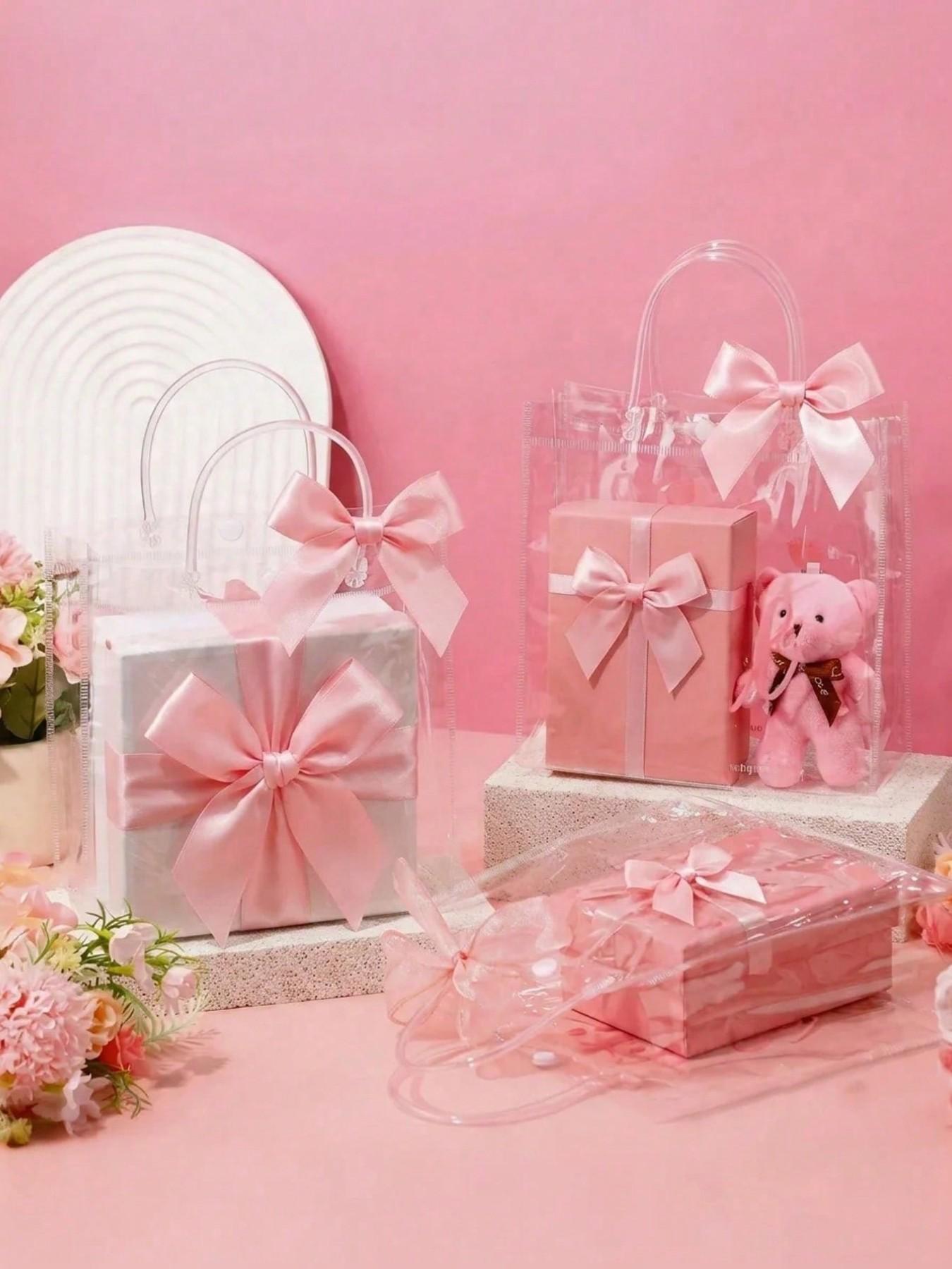 5pcs/10pcs Reusable Transparent PVC Gift Bags with Ribbon Bow, Cute Packaging, Ideal for Weddings, Birthdays, Graduations, Casual Style