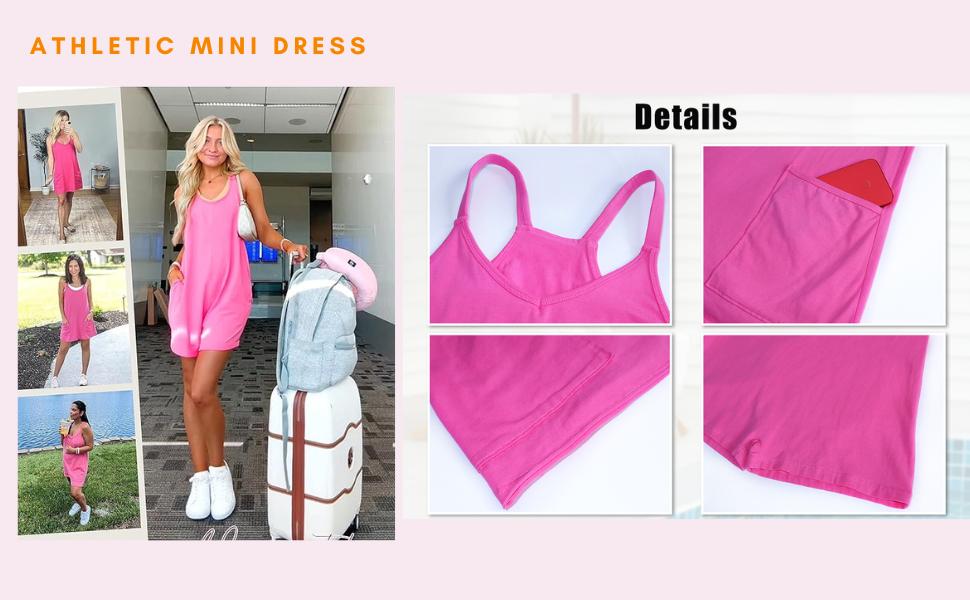 SCUSTY Women's Summer Sleeveless  Mini Dress with Built-in Shorts V Neck Spaghetti Straps Athletic Shorts Tennis Dress with Pockets