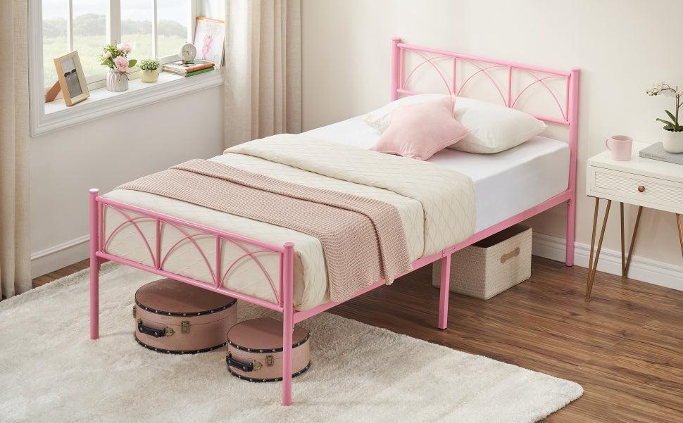 GARVEEModern Stylish Iron Bed Frame with Headboard & Footboard, Firm Support, Metal Platform, No Box Spring Needed, Under Bed Storage, Easy Assembly, Pink Twin GARVEEModern Stylish Iron Bed Frame with Headboard & Footboard, Firm Support, Metal Platform, No Box Spring Needed, Under Bed Storage, Easy Assembly, Pink Twin
