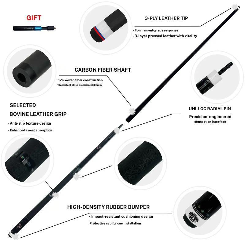 2026 new design billiard cue. Inlaying technique carbon fiber 1/2 billiard cue comes with a cue box and accessories. It features a 58 inch, 11.8mm cue tip Comes with cue case + leather tip + gloves + towel + chalk