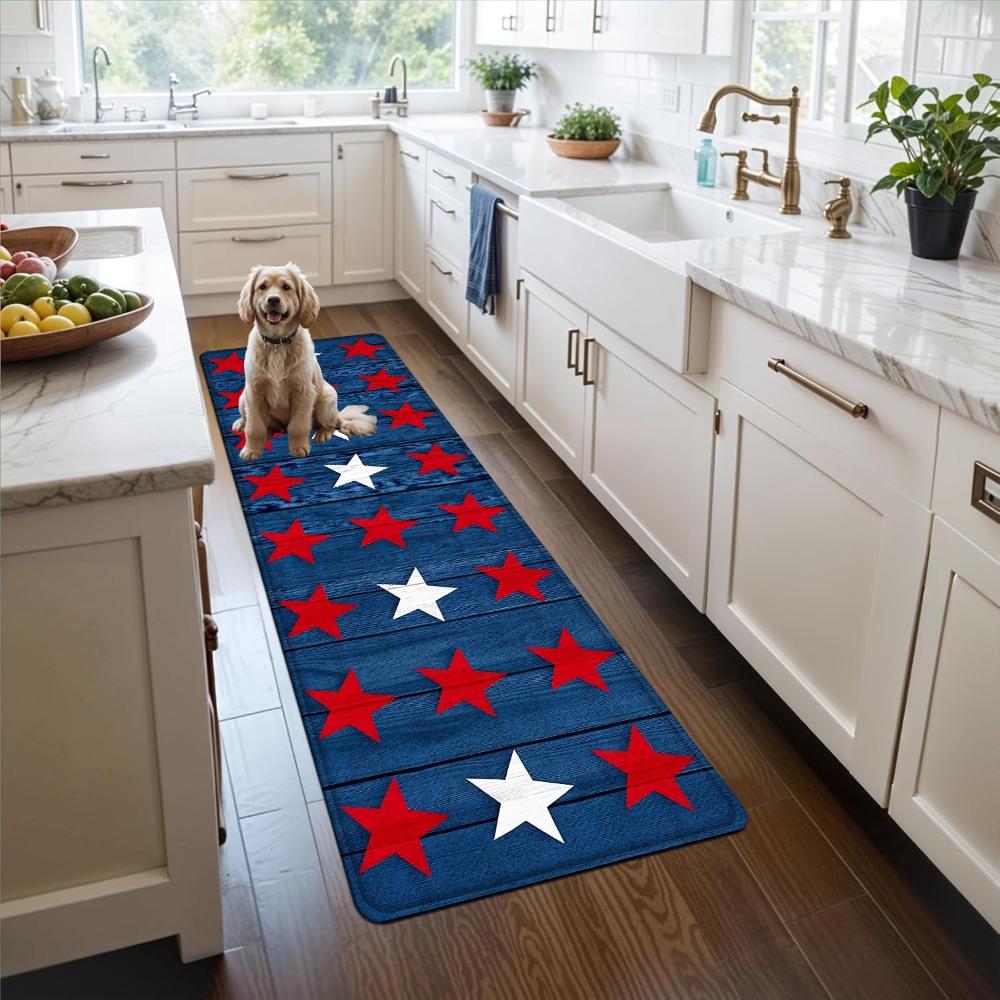 1PC， Red and White Stars on Blue Background Patterned strip rugs, home décor, bathroom mats, entryway mats, bathroom non-slip mats, indoor entrance rugs, bedroom bedside mats, kitchen mats, hallway rugs, flannel sponge rugs, hallway runner rugs