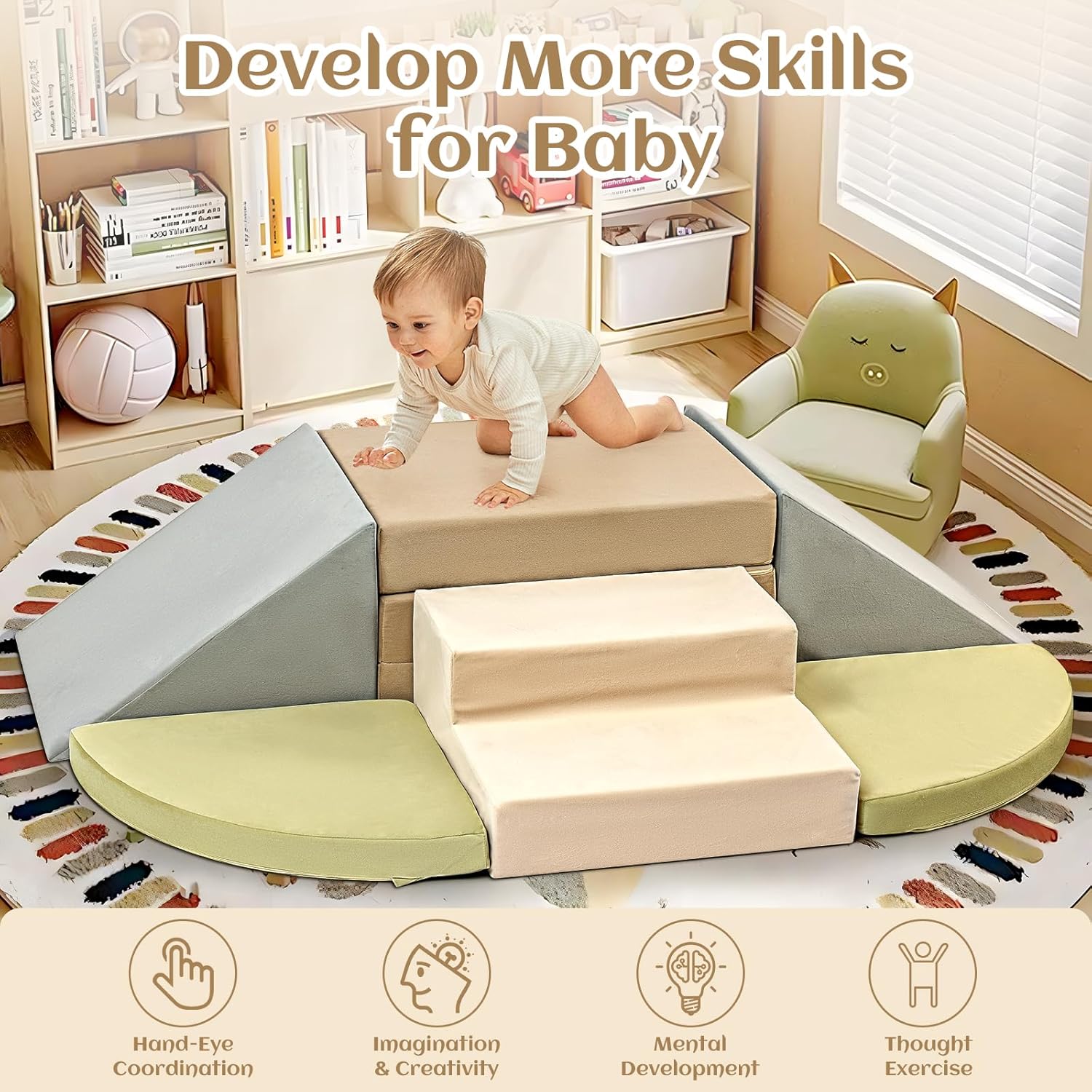 NLDD 6-Piece Toddler Climbing Toys Indoor Soft Play Baby Climbing Blocks Safe Wooden Slide Playground Equipment Durable Foam Climbing Toys for Crawling and Sliding