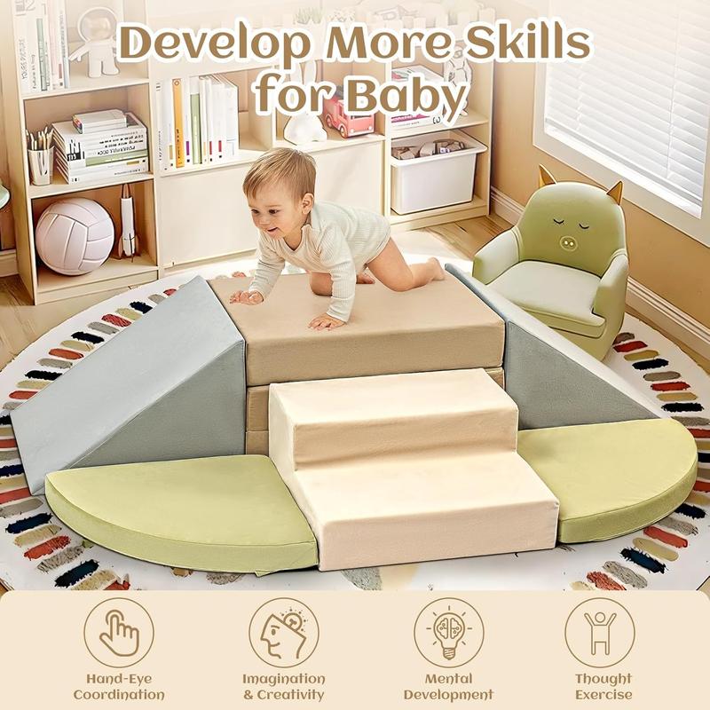 NLDD 6-Piece Toddler Climbing Toys Indoor Soft Play Baby Climbing Blocks Safe Wooden Slide Playground Equipment Durable Foam Climbing Toys for Crawling and Sliding