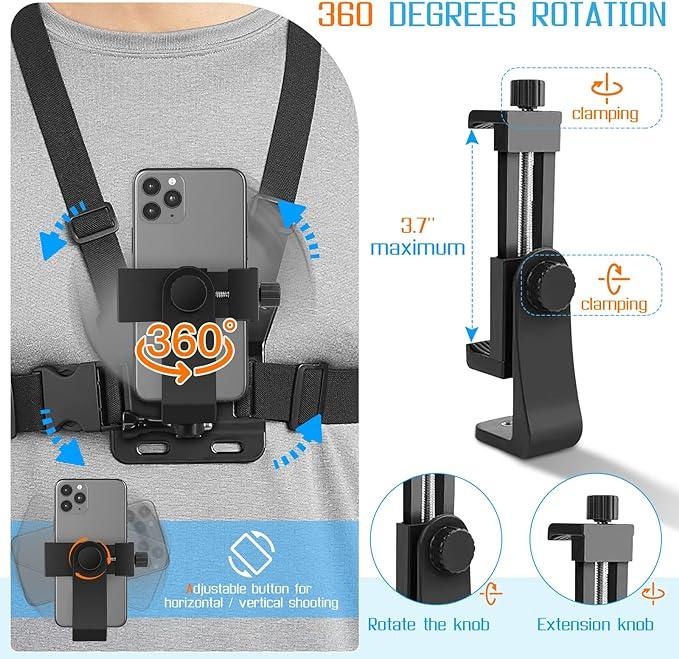 Premium Chest Phones Holder strap Capture Amazing TikTok Videos Hands-Free | Great for Vlogging, Fitness, Hiking, Cycling | Universal Fit for Smartphones | Stable, Lightweight, and Adjustable |Clip Cellphone Stand Mount Rubber