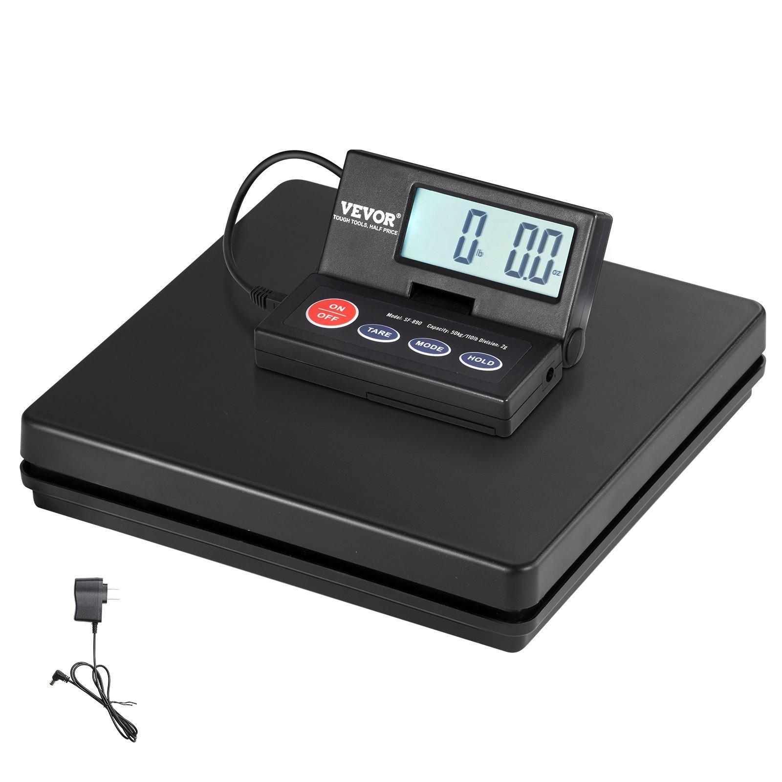 VEVOR Digital Shipping Scale, 110 lbsx 0.07 oz. Heavy Duty Postal Scale with Timer, Tare, Hold Function, 90 Foldable LCD Screen Package Scale for Laggage, Home, Post Office, AC/DC Powered, FCC Liste, Abs Plastic, Foldable Screen