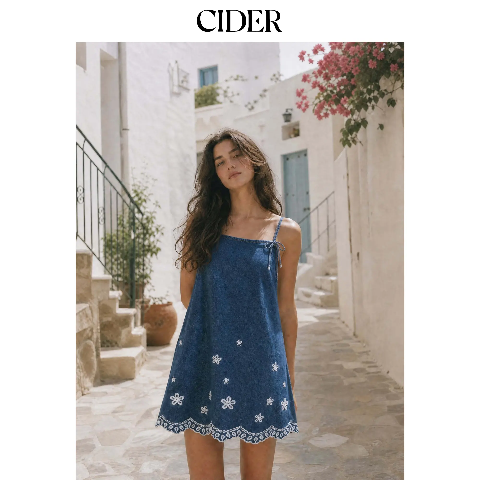 Cider Denim Floral Embroidery Bowknot Scalloped Trim Oversized A-line Mini Dress