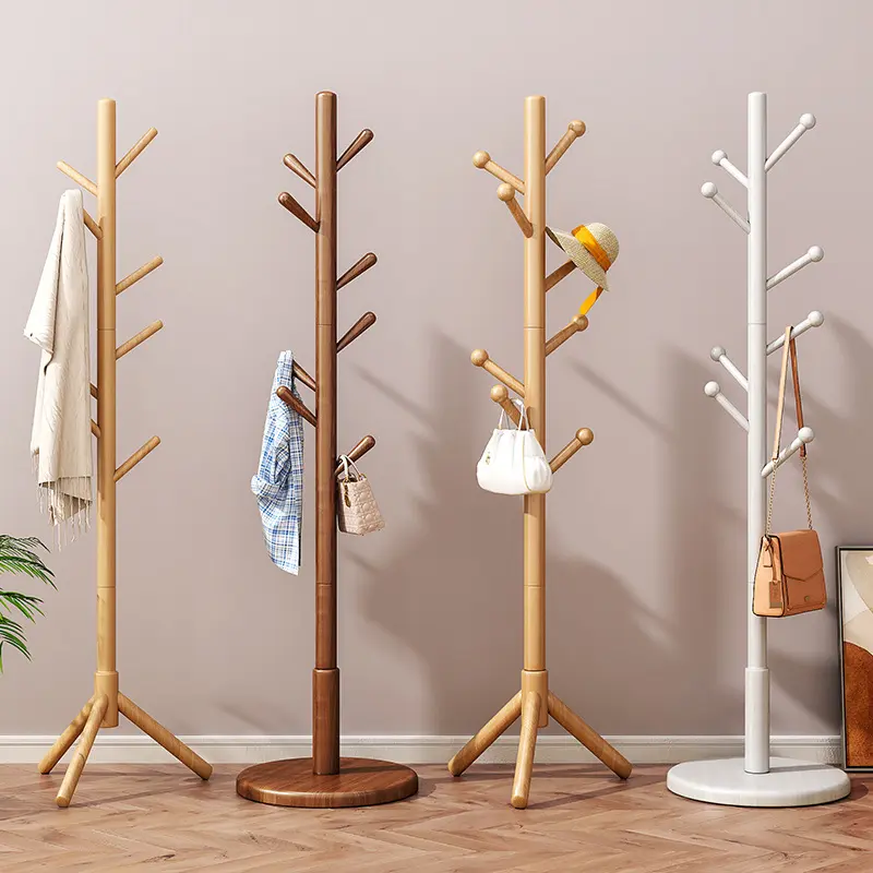 Solid wood coat rack for floor use. Bedroom hanging rack. Household vertical clothes hanger. Office use for hanging bags in autumn and winter.