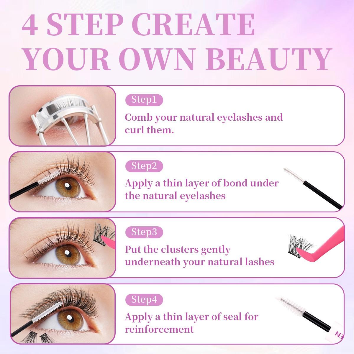 False Eyelashes Kit, 1 Set D Curl Eyelash Clusters, Fluffy Eyelash Clusters with Eyelash Glue, Remover, Brush & Tweezers, Eyelash Extension Kit for Women & Girls, Volumized False Eyelashes