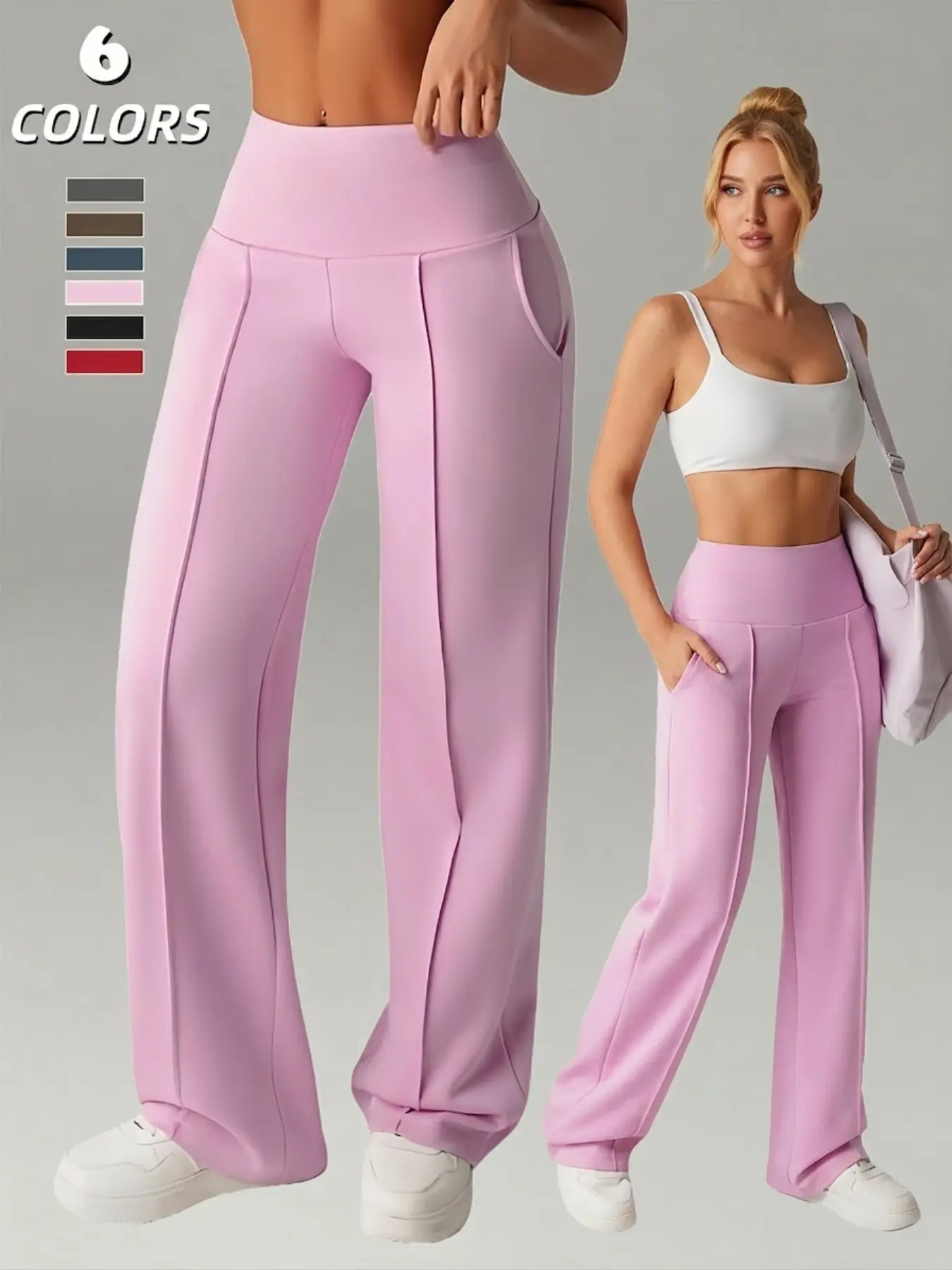 Women's High Waist Wide-Leg Trousers, Slim-Fitting Yoga Pants with Pockets, Casual Fitness Pants, Quick-Dry Sportswear for All Seasons, Casual & Commuter Friendly