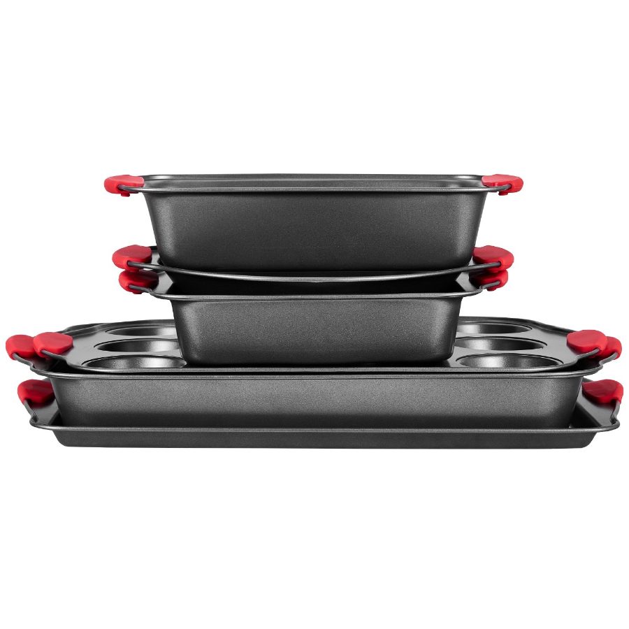 VEVOR Baking Pans Set, 6-Piece, Nonstick Carbon Steel Cookware Sheets Trays, Stackable Kitchen Oven Bakeware Cooking Sets with Silicone Handles, Easy to Clean, for Baking Cookie Cake Muffin Bread