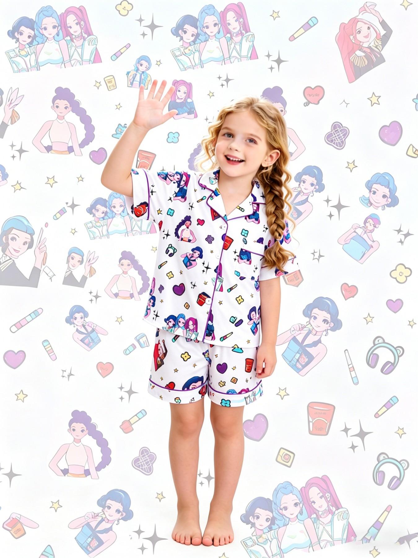 2-piece children's set featuring full-body K-pop cartoon girl prints, short sleeves, shorts with soft and comfortable top, small pockets, lapel design, elastic waistband, suitable for year-round home wear, casual leisure children's pajama set