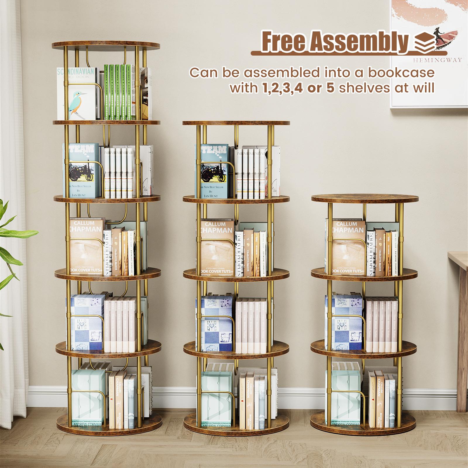 Flycity 3 Tier - 5 Tier Rotating Bookshelf Tower,360° Display Unique Round Bookcase, Floor Standing Corner Revolving Storage Organizer Furniture Wood Organizing Study Table