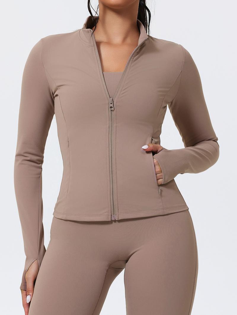 Women's Stand Collar Zipper Yoga Jacket, Windproof Slim Fit Long Sleeve Running Outerwear, Pockets Design, Polyester Spandex Fabric Only Jacket,jackets for women, Sports Yoga Jacket