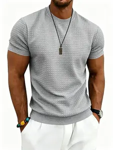 Multiple Colors Available Men's Waffle Knit Textured Short Sleeve T-Shirt, Stretchy Slim Fit, Breathable & Moisture-Wicking Crew Neck Top, Trendy Solid Color Base Layer for Work, Gym, Dates & All Casual Scenarios
