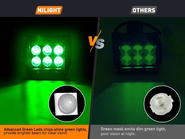 Nilight 4 inch Led Light Pod Green Spot Driving Fog Light 2PCS 18W Off Road Fishing Hunting Safety Signal Deck Trailer Hunting lights for UTV Pick-up Van Boat Tractor Truck Vehicle, Car Light, Led Bar Light