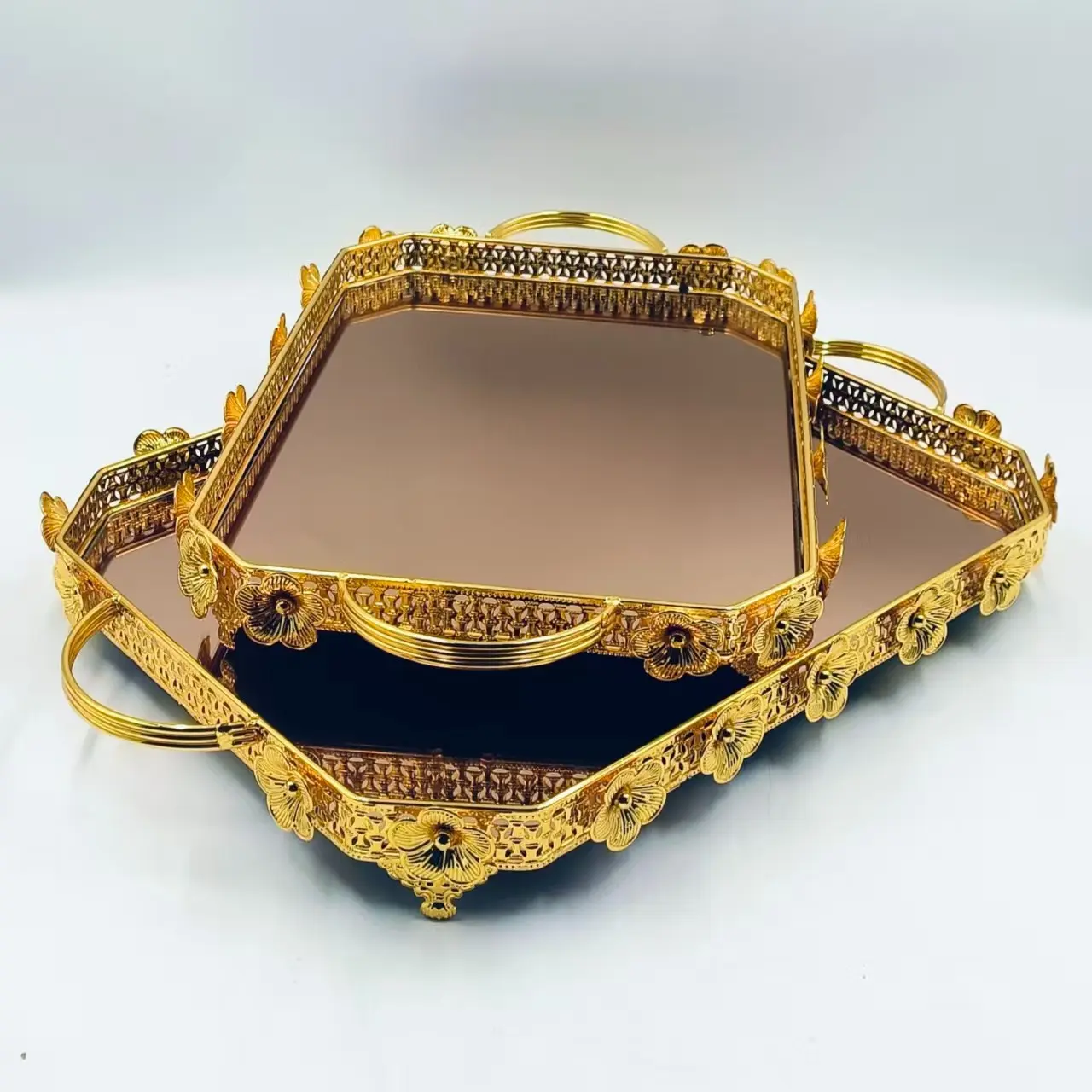 Luxurious Hollow Out Carved Mirror Storage Tray, Home Decorative Organizer, Elegant Design for Living Room & Bedroom