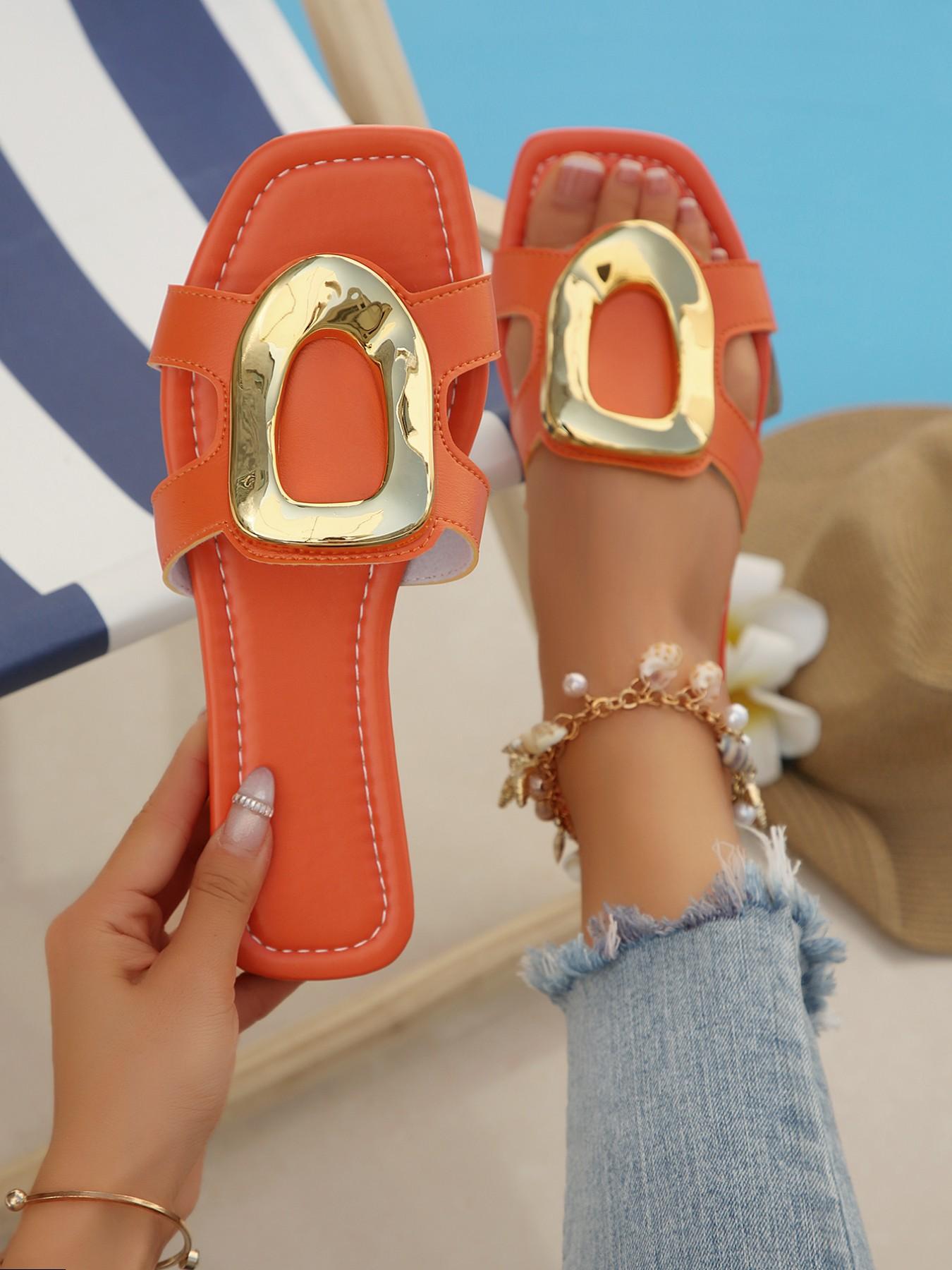 Summer New Square Toe Sandals for Women, Metal Buckle Flat Flip Flops, Beach Vacation Shoes, Anti-Slip Soft Sole, Outdoor Wear