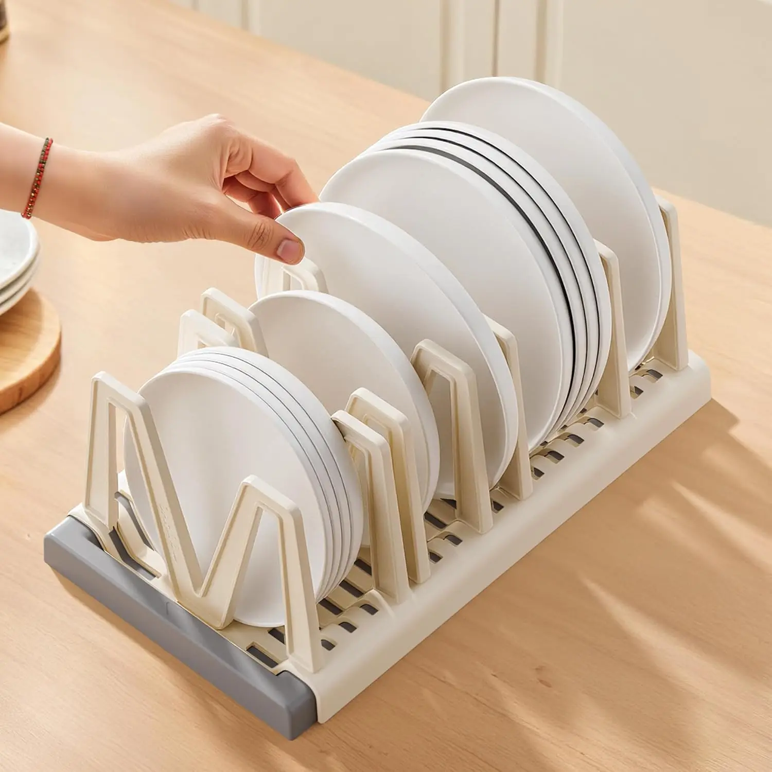 Pots and Pans Organizer under Cabinet - Extended Dining Tray Storage Rack  Board Rack d Holders inside Cabinet with 7 Adjustable Compartment for Kitchen Storage(Beige)