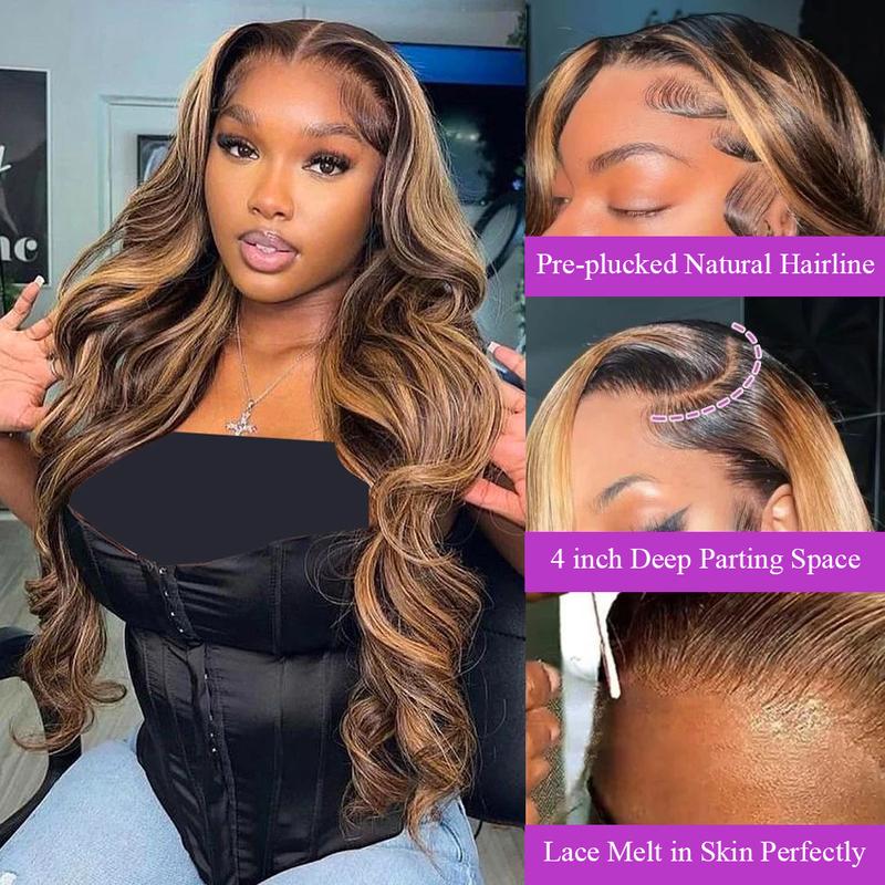 4 27 Highlight Brown Body Wave Lace Front Wig 13x4 Brown Ombre Colored Human Hair Wigs For Women Body Wave Frontal Wig Transparent Lace Frontal Hair Wigs