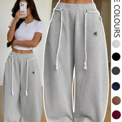 Women's Winter Athleisure Gym Wide Leg Sweatpants, Fall Preppy Casual Streetwear, Warm Elastic Waistband, Curved Hem, Comfy French Pants