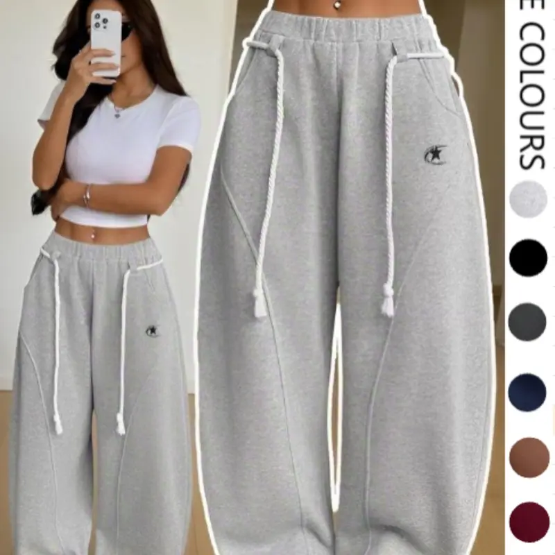 Women's Winter Athleisure Gym Wide Leg Sweatpants, Fall Preppy Casual Streetwear, Warm Elastic Waistband, Curved Hem, Comfy French Pants