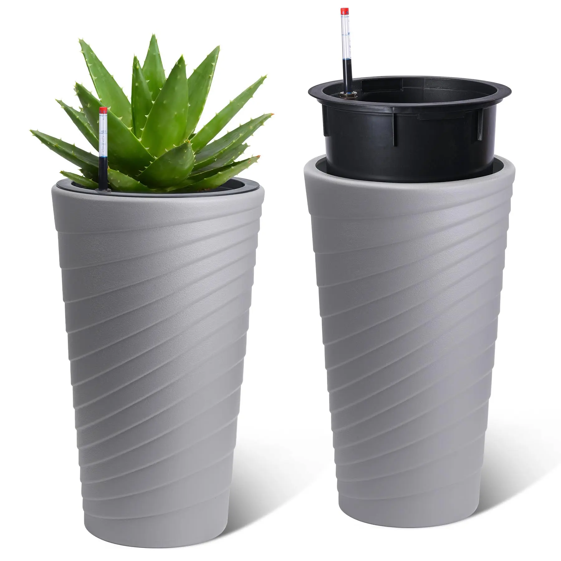2PC Self Watering Planters Pots,Tall Plant Pots with Water Level Indicator & Drainage Holes, Indoor Outdoor Flower Pots