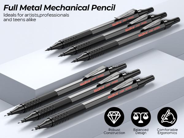 Nicpro 58PCS Art Drawing Supplies Kit in Leather Case, MP1000 Black Metal Mechanical Pencil Set with Drafting Pencil 0.5, 0.7, 0.9 & 2mm, 12 Micron Pen, Sketch Book, 30 Tube Lead Refills for Sketching
