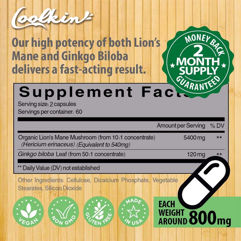 Coolkin - Organic Lion's Mane Mushroom, Ginkgo Biloba Supplement - Premium Ingredients, Gluten Free - 60/120 Vegetarian Capsules