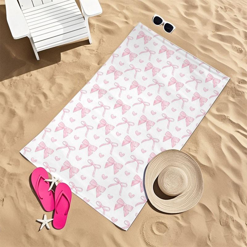 Large-size bath towel with pink bow and heart print, quick-drying absorbent towel for seaside vacations, portable travel beach towel, sand-proof large travel shawl, suitable for sports, swimming, pool activities and yoga beach towels