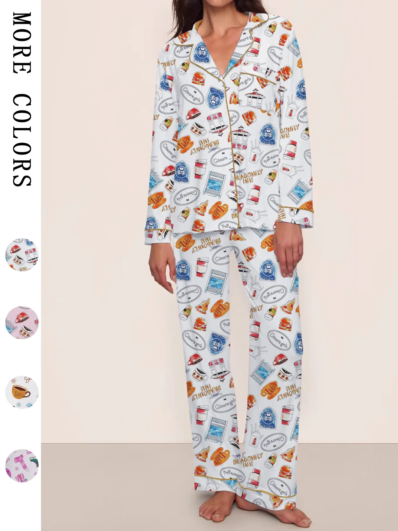 Gilmore Girls Matching Aesthetic Graphic Prints Pajamas Set, Pjs, Loungewear Sets, Women's Cozy Casual Fleece Loungewear, Long Sleeve Top, Elastic Waist Pants, Cute Stars Hollow Themed Christmas Gift.