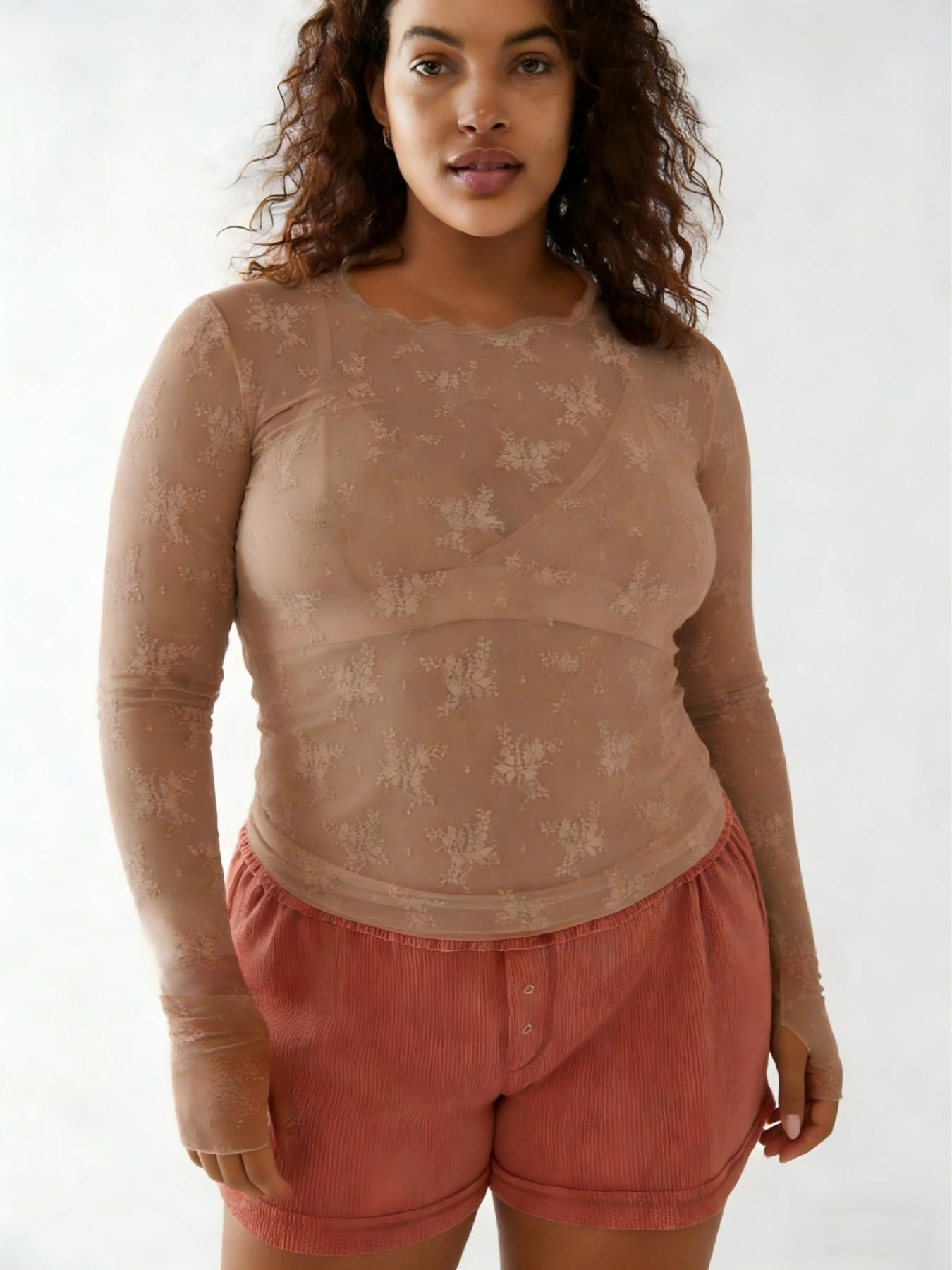 Women's Plus Size Sheer Lace Overlay Cropped Long Sleeve Top, Sexy Slim-Fit Summer Fashion Tee, Trendy Plain Color Underlayer Shirt