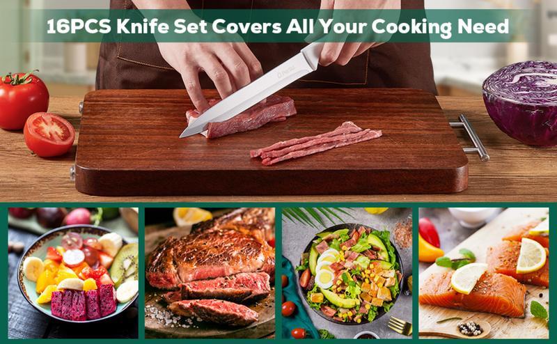 D.Perlla Knife Set Ceramic 16 Pieces White Kitchen Knife Set with Acrylic Stand, High Carbon Stainless Steel, Non Stick Coated Knife Block Set, No Rust, Non Slip Handle, Sharp Knife