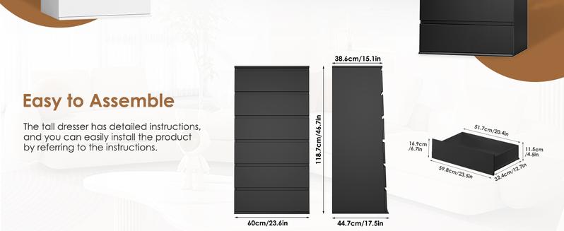 White Dresser, 6 Drawer Dresser, Modern Tall Floor Storage Cabinet with Metal Sliding Rail, Wooden Handleless Drawer Cabinet, 6-Layer Large Capacity Vertical Dressers for Home & Office White Dresser, 6 Drawer Dresser, Modern Tall Floor Storage Cabinet with Metal Sliding Rail, Wooden Handleless Drawer Cabinet, 6-Layer Large Capacity Vertical Dressers for Home & Office