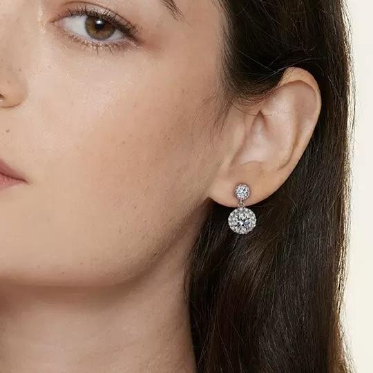 [#274] Halo Drop Earrings, 1ct+1ct Brilliant Round Cut, VVS Synthetic Moissanite, 925 Sterling Silver Jewelry for Women