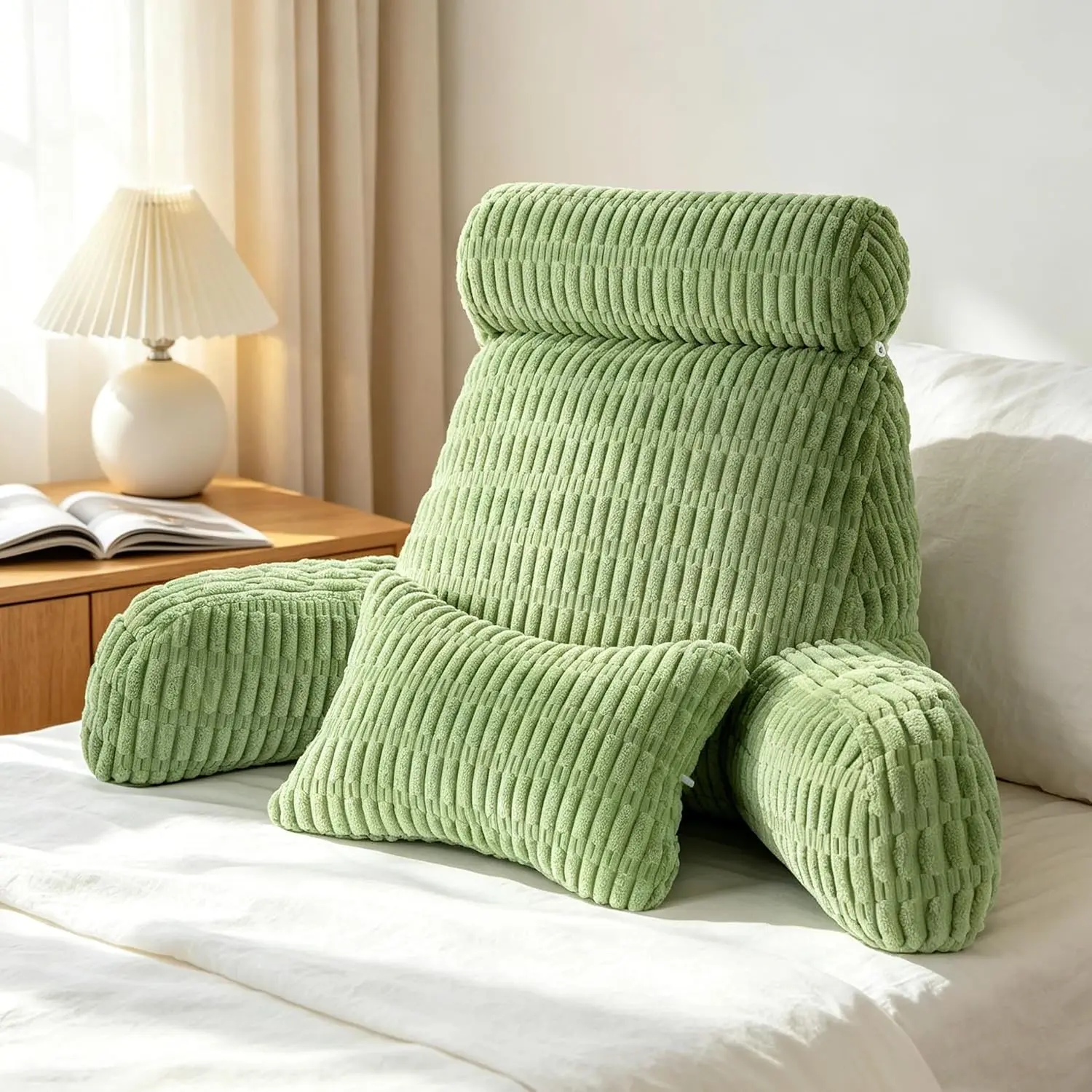 Reading Pillow for Bed, Back Rest Bed Pillow for Sitting Up(Green,Standard)| Back Pillows for Bed Sitting Up with a Cylindrical Pillow and Lumbar Pillow, Sitting Pillow for Bed Chair Pillow,18in