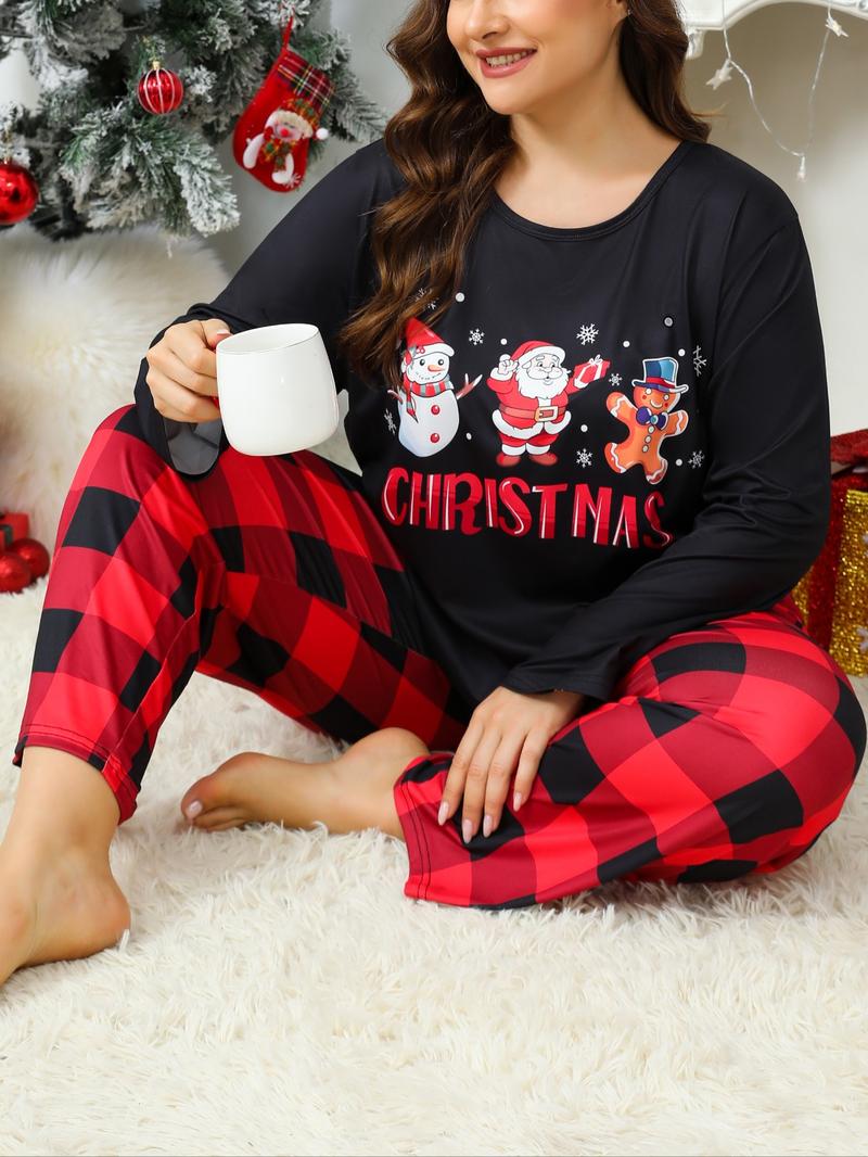 Plus Size Women's Christmas Pajama Set, Santa Claus Print, Snowflake & Gingerbread Man Design, Long Sleeve Comfortable Everyday Sleepwear