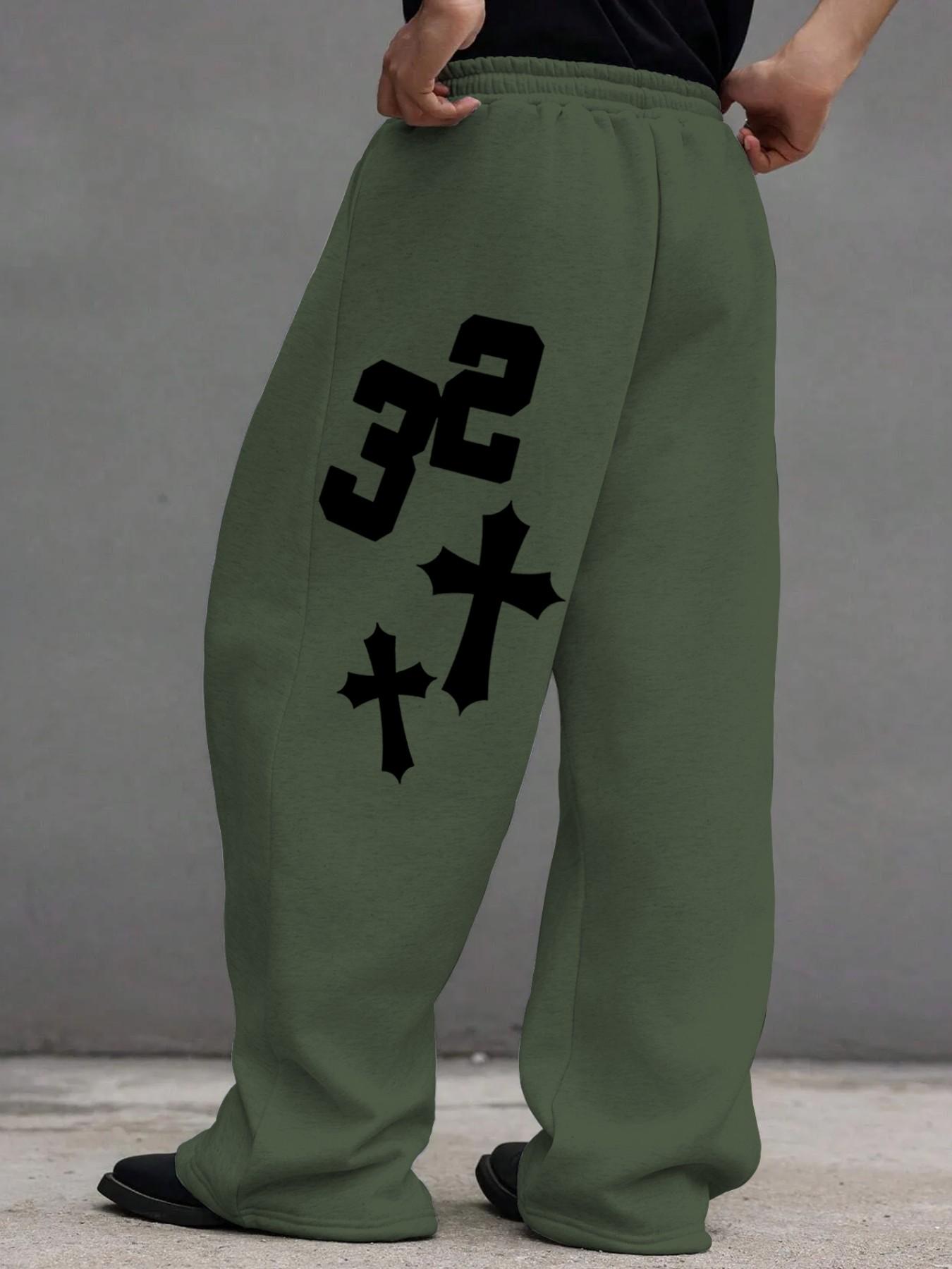 Men's Waist Drawstring Straight Leg Pants, Creative Number Cross Print, Comfortable Casual Daily Wear, Fall Winter Men's Pants