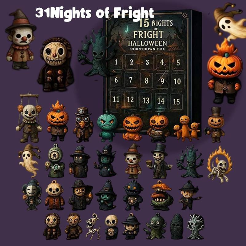 7/15/31 Nights of Fright Halloween Countdown Box 2025 - Halloween Spooky Advent Calendar Gift Set with Collectible Horror Figurines, Scary Ornaments & Party Decor for Adults, Teens, Haunted House Fans
