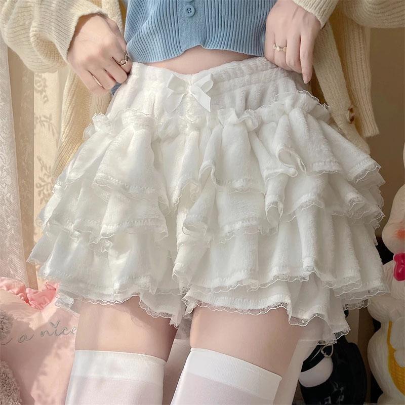 Autumn Winter Warm Lolita Safety Short Pants Women Sweet Chic Plush Bloomers Japanese Y2k Lace Bow Knickers Harajuku Cute Shorts