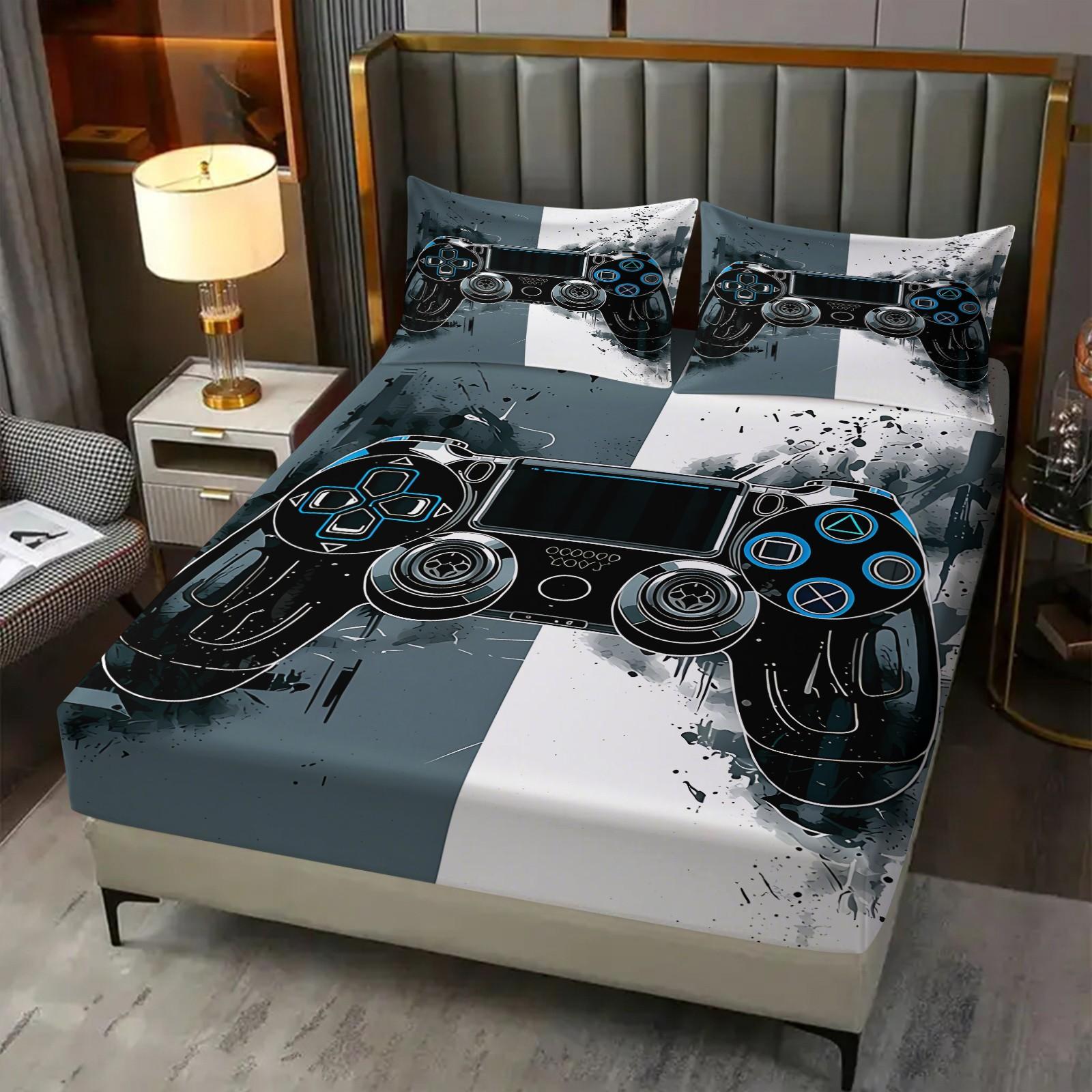 3pcs Gaming Controller Fitted Sheet Set, Video Game Console Bed Sheet Set, Soft Microfiber Bedding Set (No Fillers), Cool Gamer Room Mattress Cover for Boys & Teens Bedroom