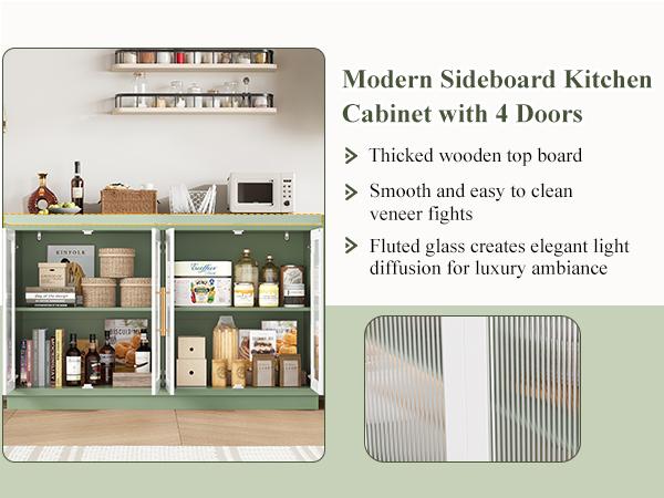 FOTOSOK Buffet Cabinet with Storage, 55.1" Large Sideboard with 4 Glass Doors, Kitchen Cabinet Buffet Table, Wood Coffee Bar Display Cabinet