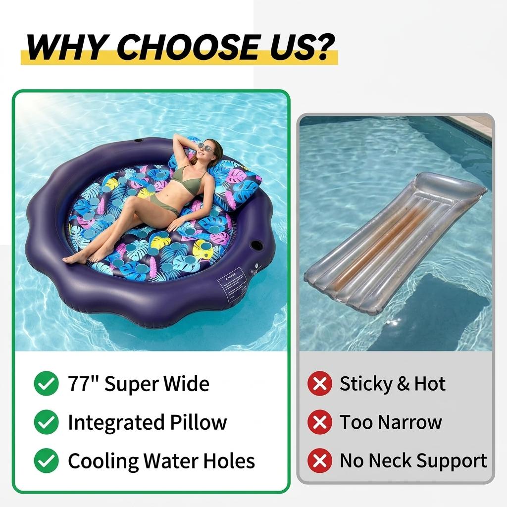 Round Edge Inflatable Sunbathing Pool, 77x77 Inch Thick PVC with Pillow and Drink Holder, Outdoor Floating Lounge Chair, Summer Essential, Swim Ring, Swimming Ring, Pool Floater, Pool Floatie