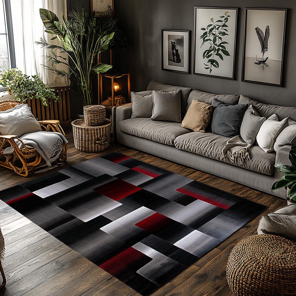 Black Red Gray Geometric Gradient Crystal Velvet Area Rug Non‑Slip Modern Living Room Rug Geometric Area Rugs Decorative Area Rug Geometric Design Rug#GeometricGradientRug #ModernHomeDecor #BlackRedGrayRug #AbstractBlockCarpet #CrystalVelvetRug