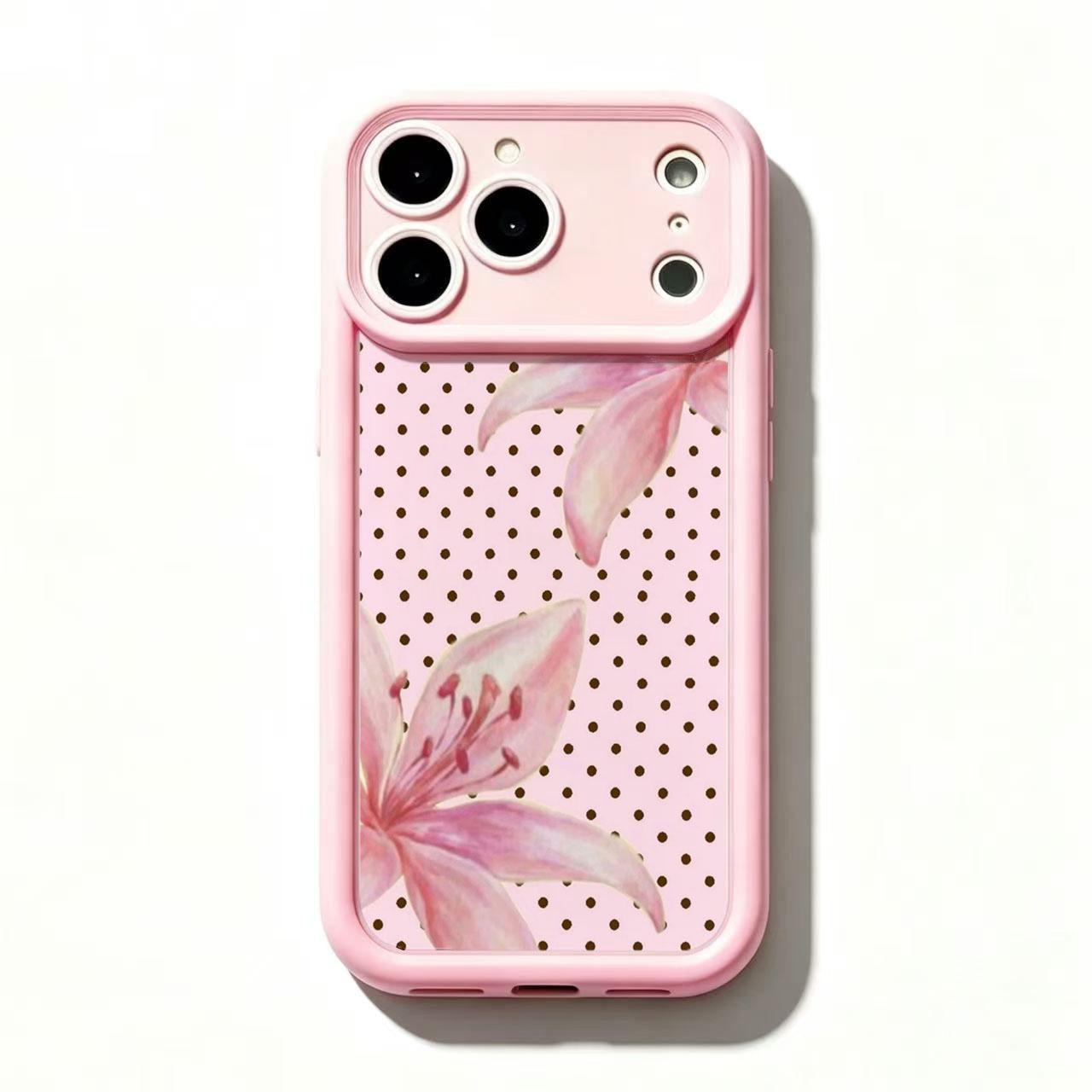 4 Styles Pink Frame Lily Floral Phone Case Watercolor Flower Polka Dot Stripe Botanical Shockproof Protective Cover for iPhone 11 12 Mini 13 Mini 14 15 16 17 Air Pro Max Samsung S26 S25 S24 S23 S22 S21 Gift for Her