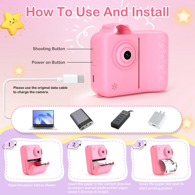 Portable Instant Print Camera with 3 Rolls Print Paper, Ideal Birthday Gifts for Boys & Girls,Boys & Men gifts, Photo Camera