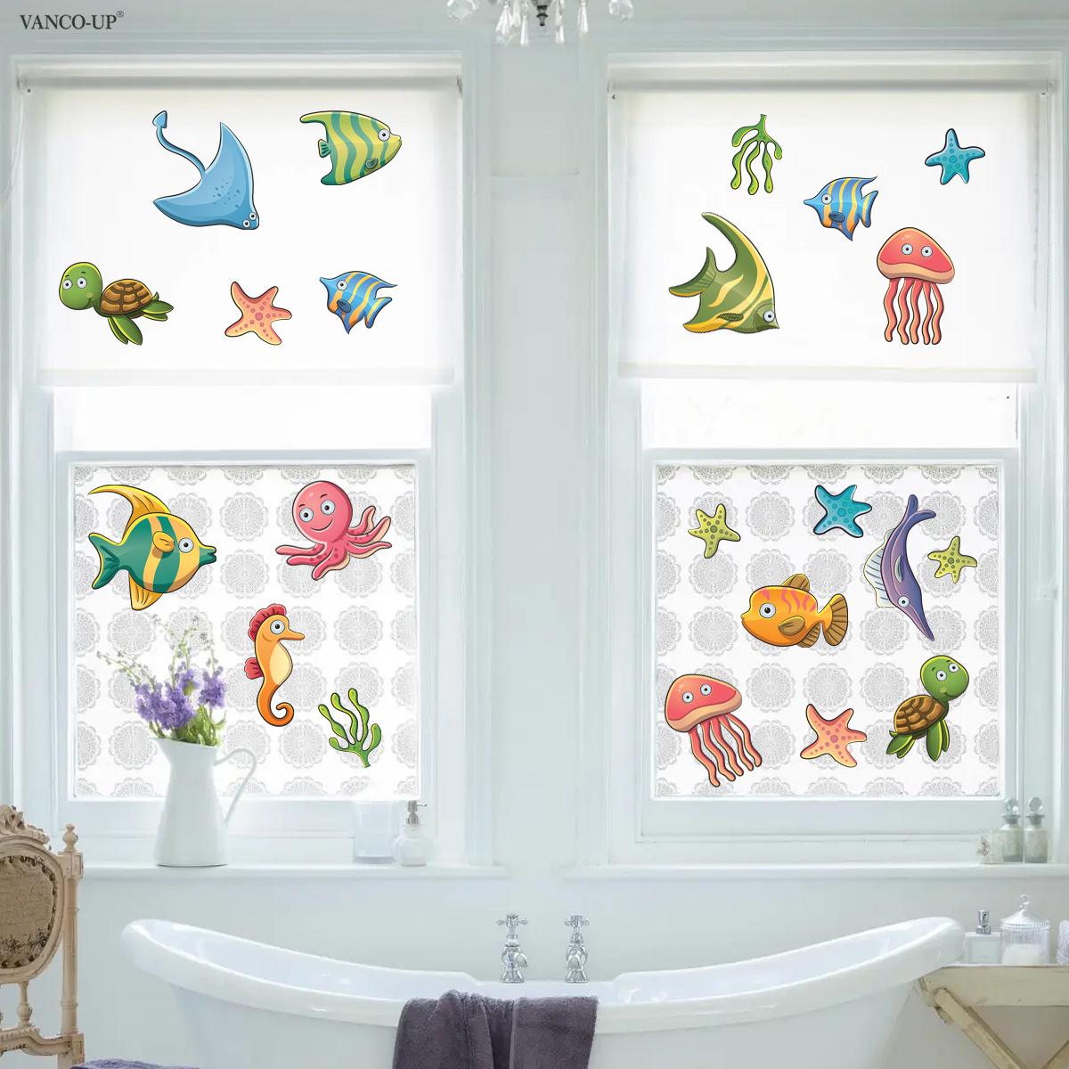 2D Flat 30×60cm Cartoon Colorful Sea Creatures Static Window Clings for Kids Bedroom Glass Decor