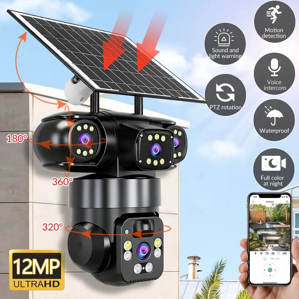 【BackToSchool】Solar Security Camera Outdoor 6MP, Triple Lens WiFi PTZ Camera, PIR Human Detection, Color Night Vision, Two-Way Audio, IP66 Waterproof,for Valentine’s Day Gift